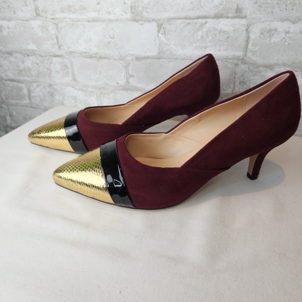 Monroe and Main Pumps Burgundy Gold Snakeskin‎ Metallic Kitten Heel 11W
